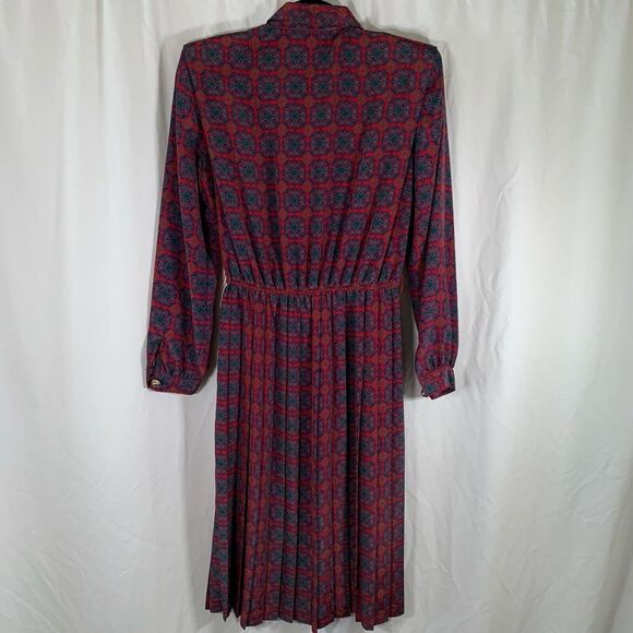 Leslie Fay Midi Dress Women's 8 Petite Red Blue Long Sleeve Collared Pleated - Picture 8 of 10